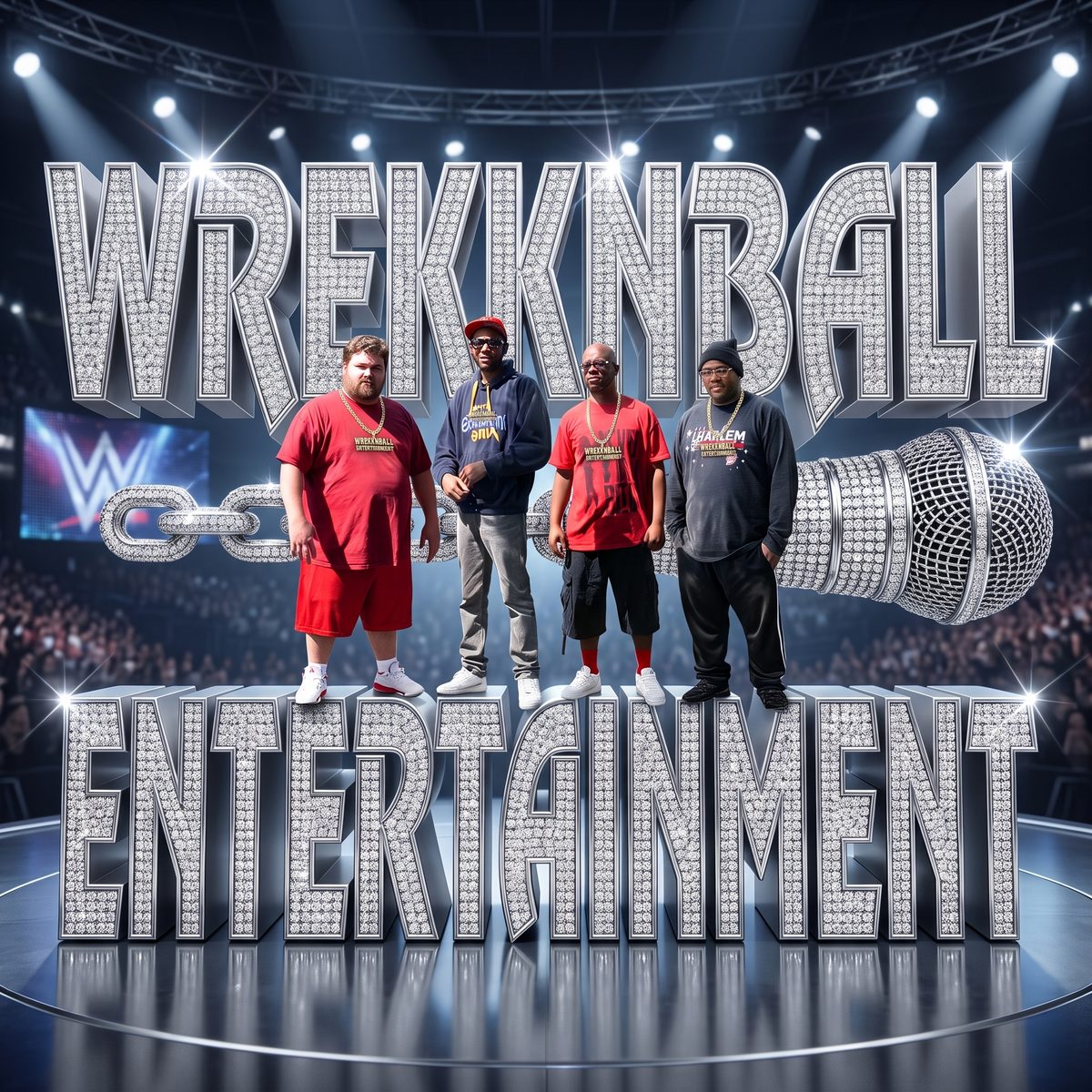 Glittering WWE-style championship graphic reading WREKKNBALL ENTERTAINMENT, with four crew members posed in front of it on an arena stage flanked by a giant diamond-encrusted microphone.